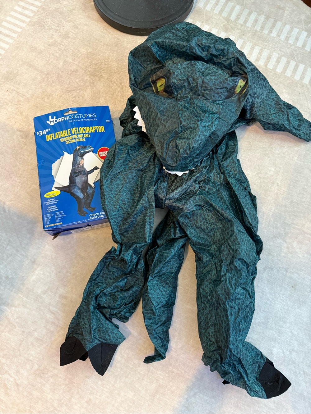 Morph Inflatable Velociraptor Dinosaur Costume Kids Unisex Blue w/ Gloves Works